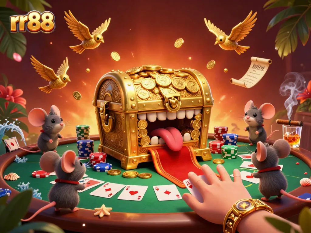 rr88 showcases colorful poker chips and a treasure chest inviting players to win in this vibrant casino scene.