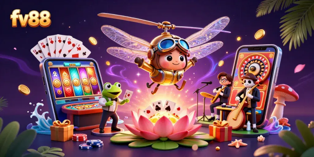 Enjoy vibrant casino excitement with fv88 as frog croupier deals cards in a lively scene.