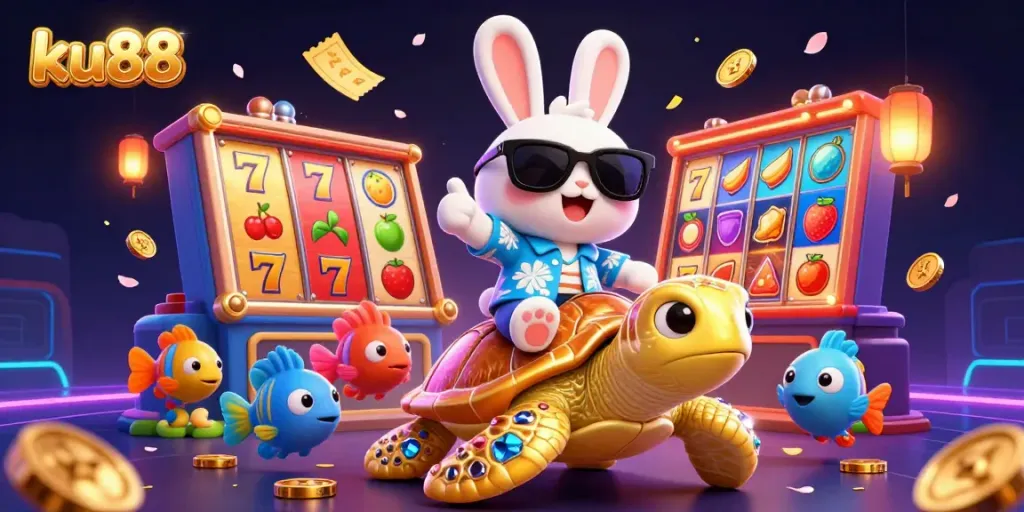 Engage in thrilling slot adventures with ku88's cartoon rabbit and gold turtle in action.