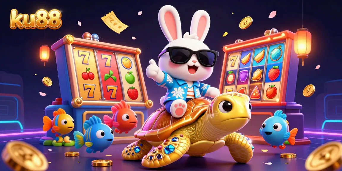 Engage in thrilling slot adventures with ku88's cartoon rabbit and gold turtle in action.