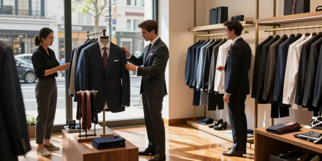 Men's classic clothing display in an upscale boutique featuring tailored suits and stylish accessories.