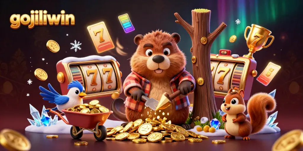 Spin and win with gojiliwin in this lively casino scene filled with golden coins and slot elements.
