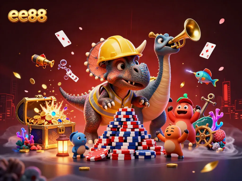 Celebrate winning at ee88 with a vibrant 3D casino scene of fun characters and treasures.