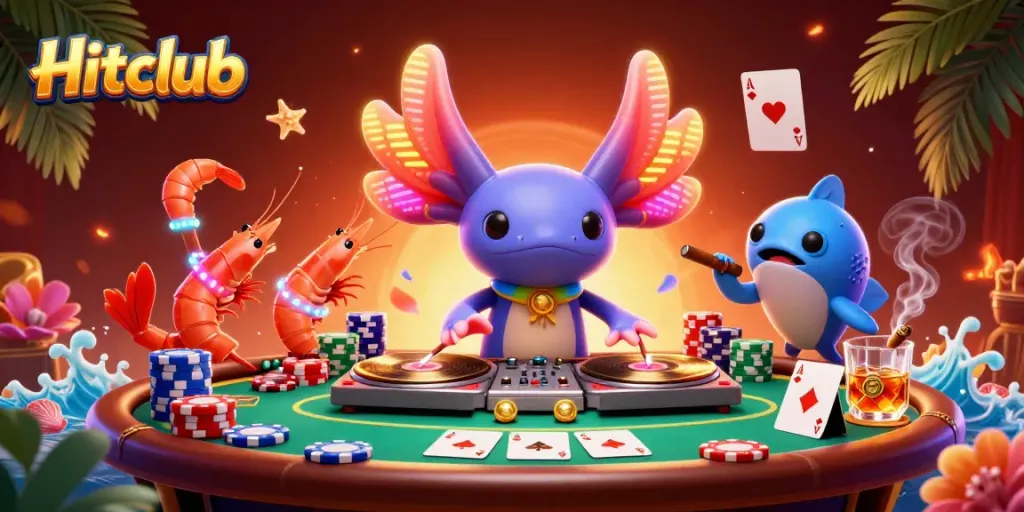 Hitclub's lively scene features vibrant axolotl DJ and shrimp dancers mixing poker excitement and underwater fun.
