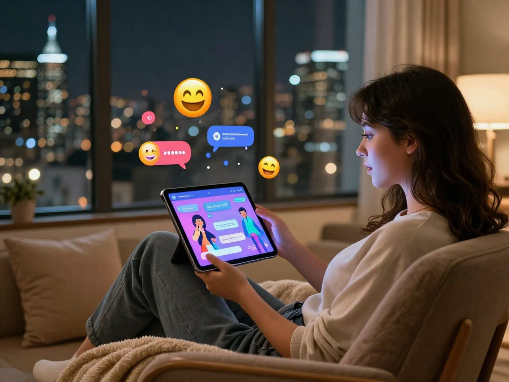 Engaging in AI sex chat on a sleek tablet in a cozy setting.