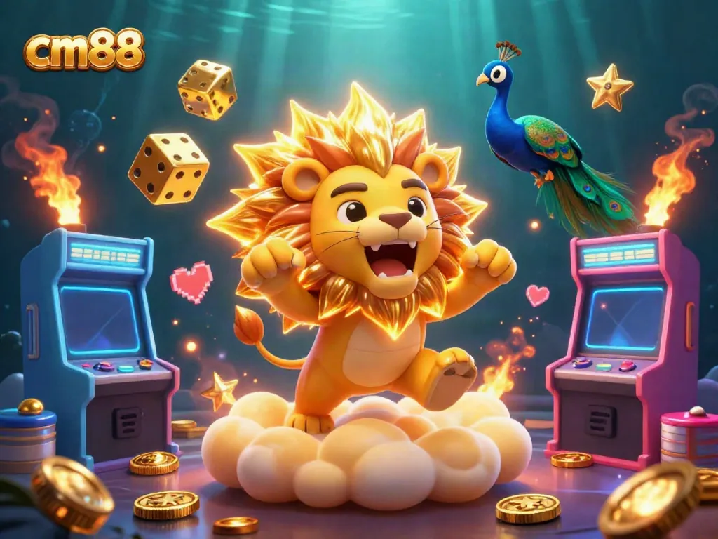 Experience the thrill of cm88 casino with vibrant game elements surrounding a roaring sun lion.