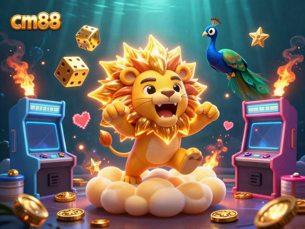 Experience the thrill of cm88 casino with vibrant game elements surrounding a roaring sun lion.