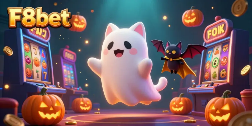 Experience the thrilling adventure of F8bet with a playful ghost cat and vibrant gambling elements.