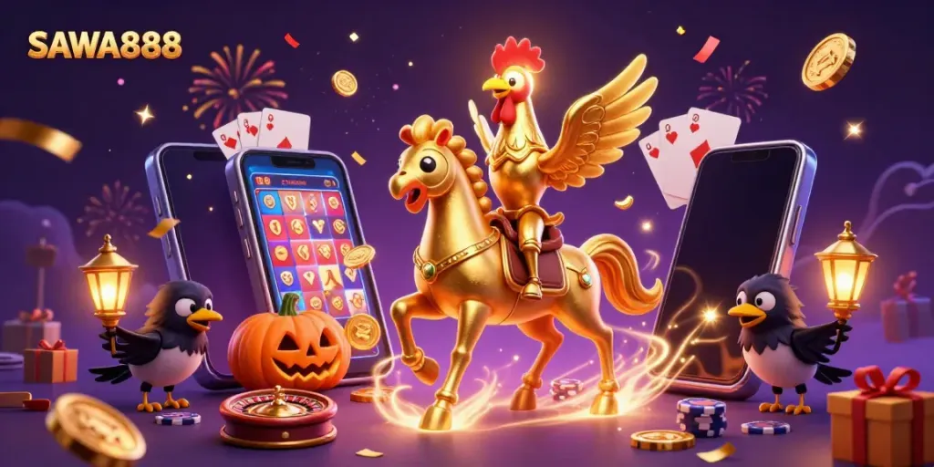 Experience the thrill of SAWA888 as golden rooster characters engage with vibrant casino elements in this dynamic scene.