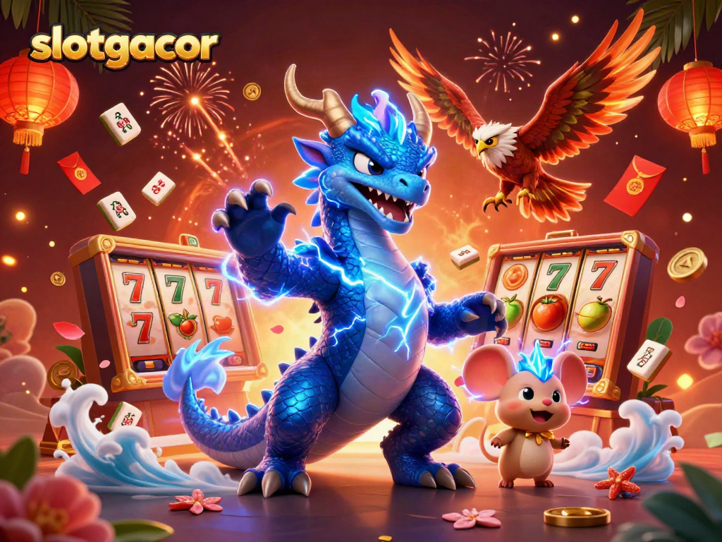 Engage in thrilling slot gacor gameplay with dynamic characters and casino elements in a vivid setting.