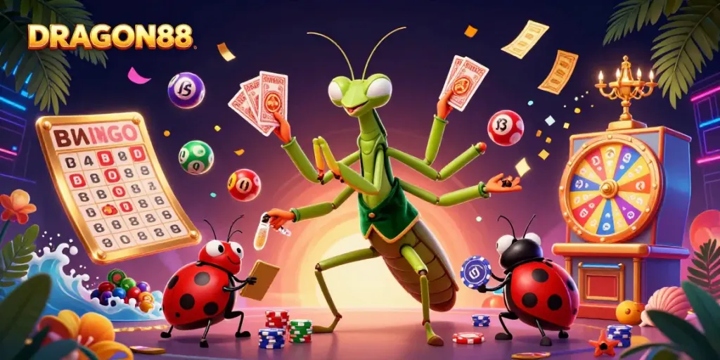Experience the thrill of DRAGON88 with vibrant casino characters and colorful game elements.
