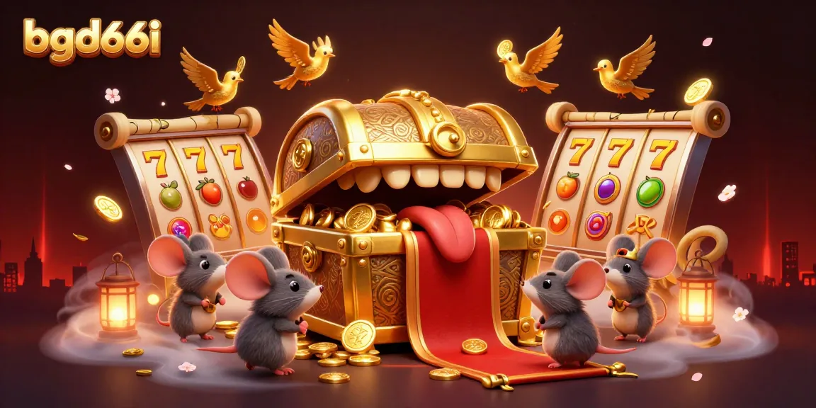 Engage with bgd66i's vivid casino experience featuring a golden treasure chest attracting adventurers among dynamic 3D slot elements.