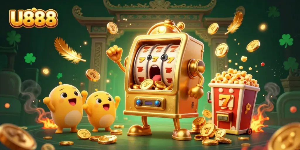 U888 reveals a cheerful jackpot scene with golden coins pouring from excited slot machines.