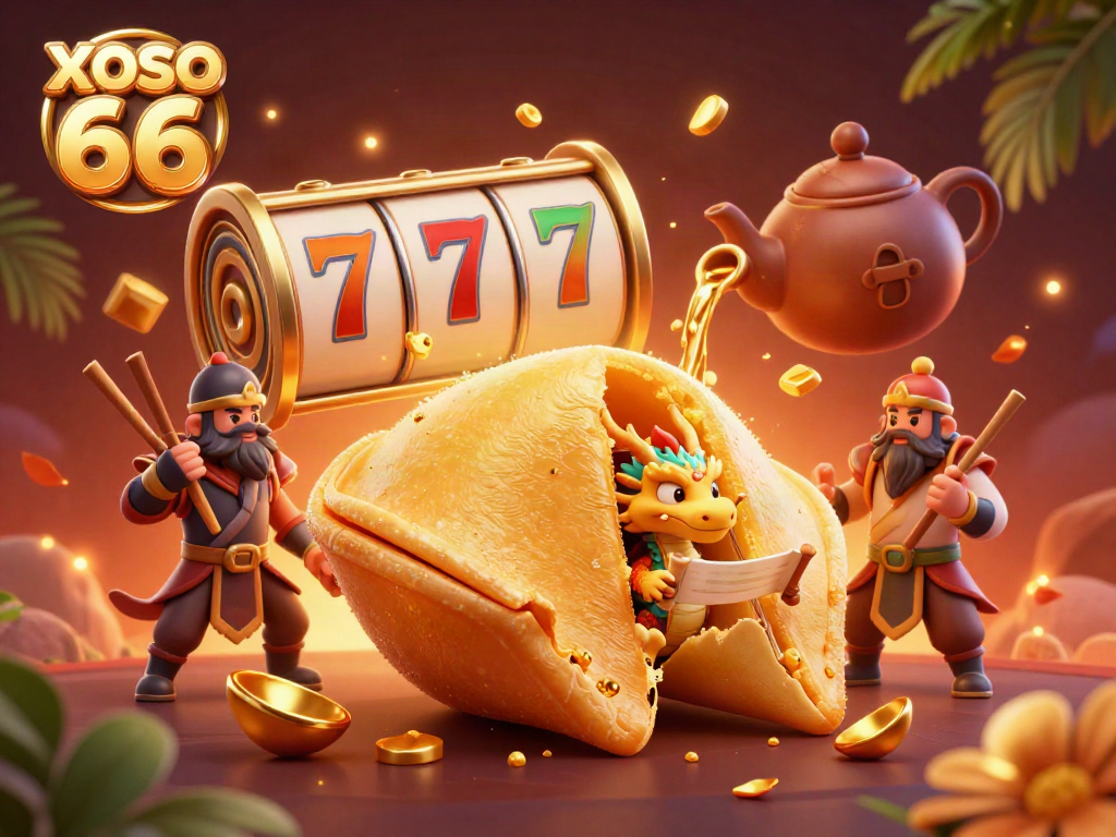 Spin the reels with XOSO 66’s vibrant, interactive golden fortune cookie scene.