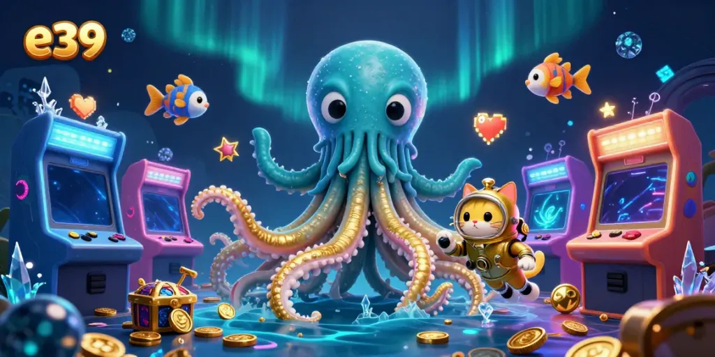 Experience epic wins at e39 with a colossal kraken and diving cat in a treasure-filled casino.