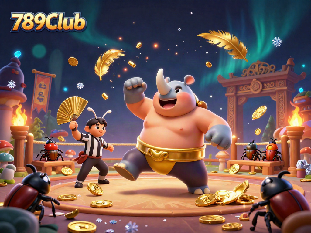 Experience the thrill of 789Club with a dynamic illustration featuring a beetle champion and flying coins.