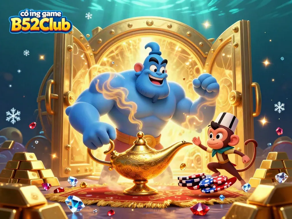 Engage with the vibrant world of cổng game B52Club, featuring a genie, monkey, and poker chips in a dazzling casino illustration.