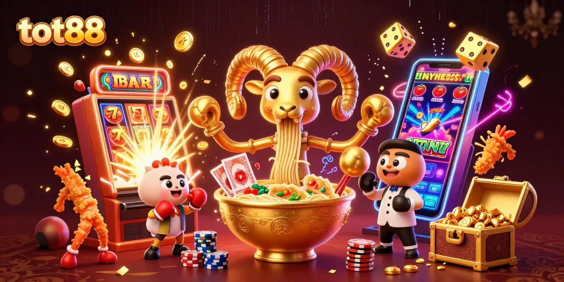 Experience thrilling gameplay with tot88's vibrant 3D illustration featuring exciting casino elements and characters.