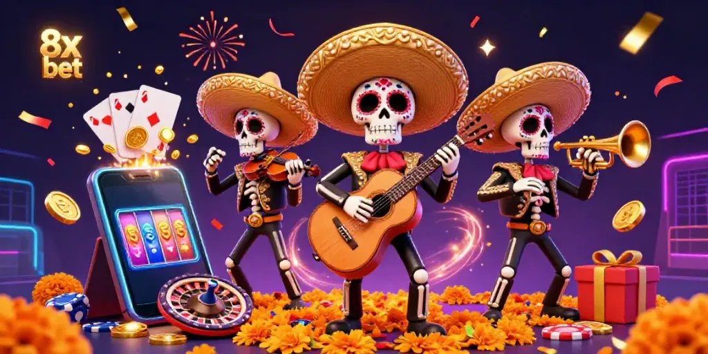 Experience the vivid world of 8x bet with vibrant skeleton mariachi musicians amidst a dynamic casino atmosphere.