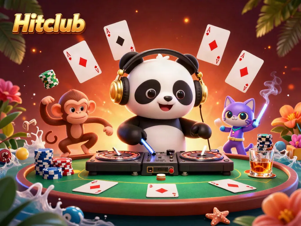 Experience the excitement of Hitclub with a DJ panda, dancing monkey, and glow-stick kitten amid vibrant casino elements.