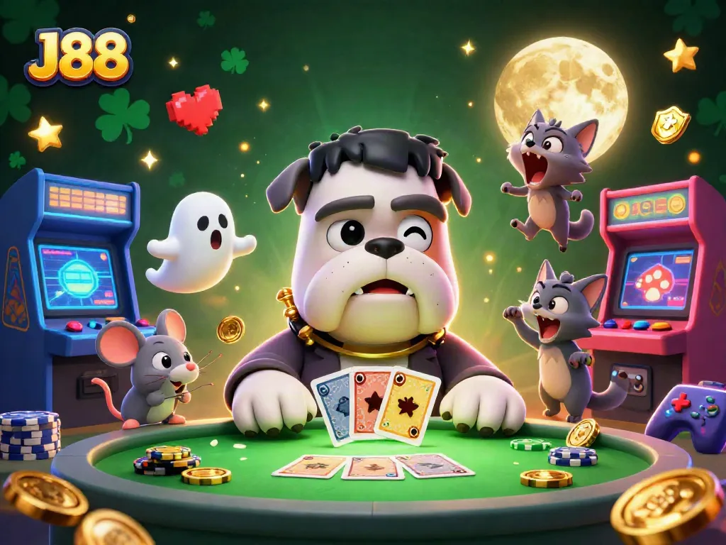 Experience thrilling gameplay at J88's spooky casino bar with vibrant digital effects and mythical characters.