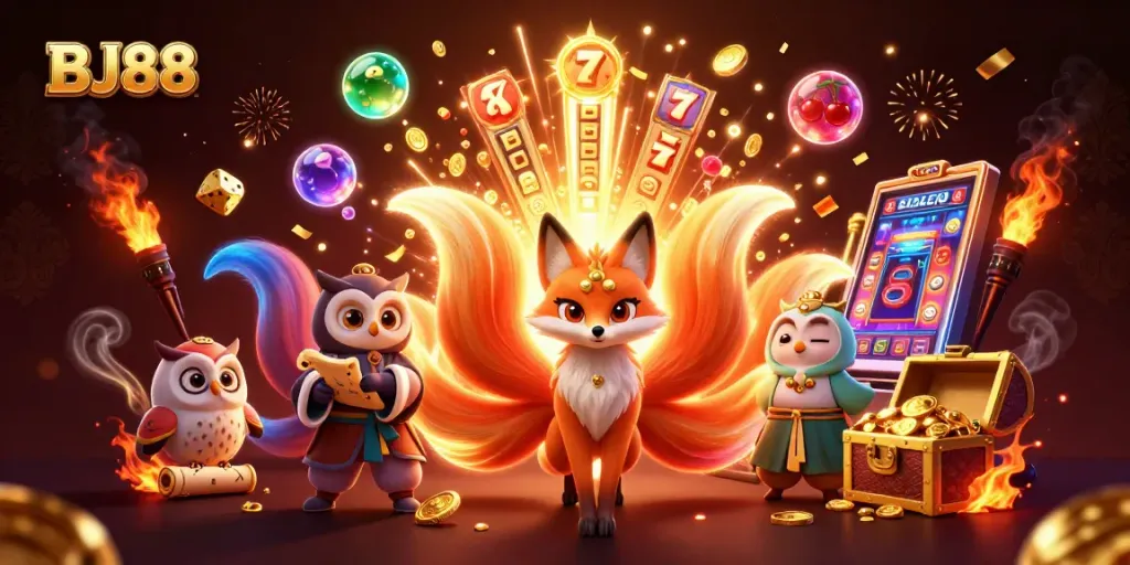 Experience the excitement of BJ88 with vibrant casino elements exploding with energy.