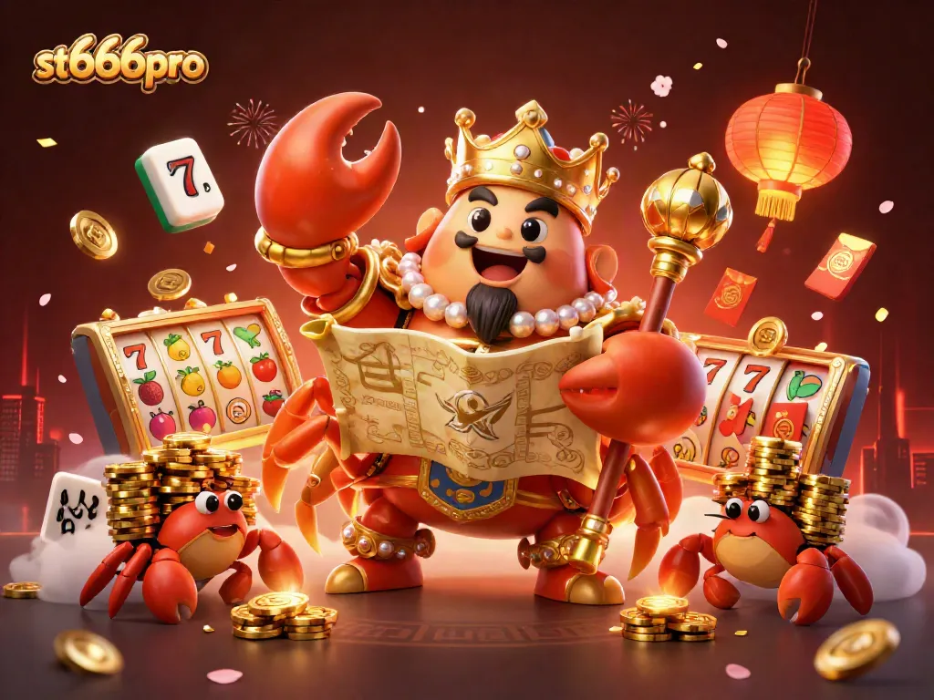 Engage with st666pro's vibrant casino scene featuring a golden crab emperor with treasure and slots.