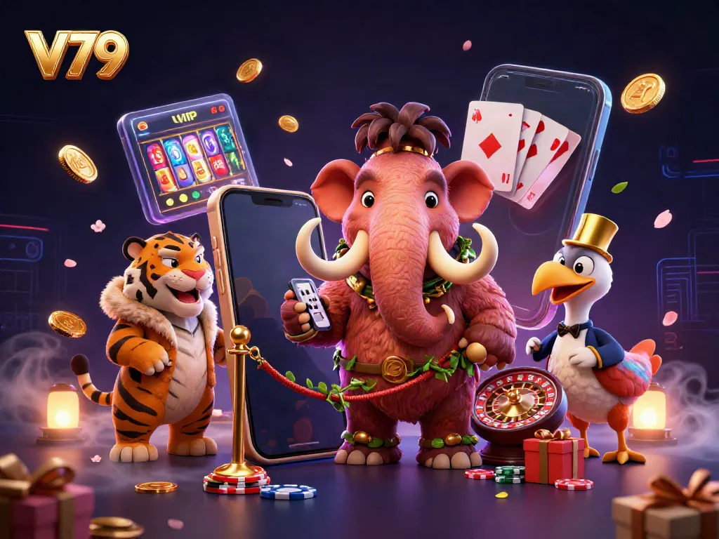 Experience V79's vibrant casino scene with a woolly mammoth bouncer, saber-tooth tiger VIP, and dodo doorman.