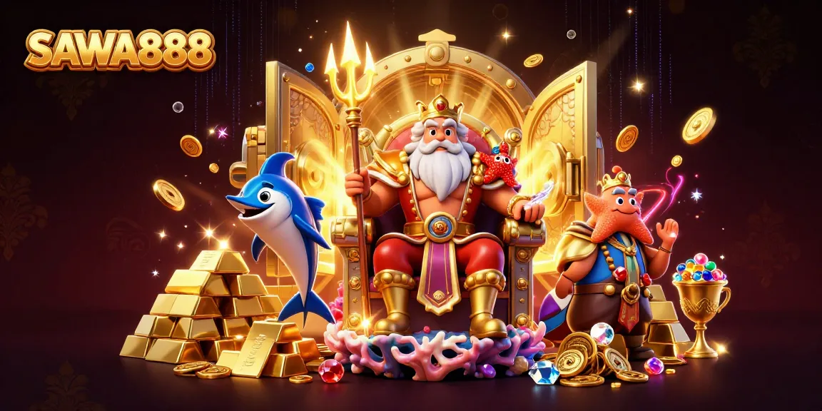 Experience SAWA888's vibrant casino universe featuring sea king Neptune, winning treasures, and dynamic gaming elements.