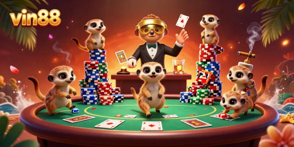 Experience vin88 casino thrills with meerkats running an energetic poker game!