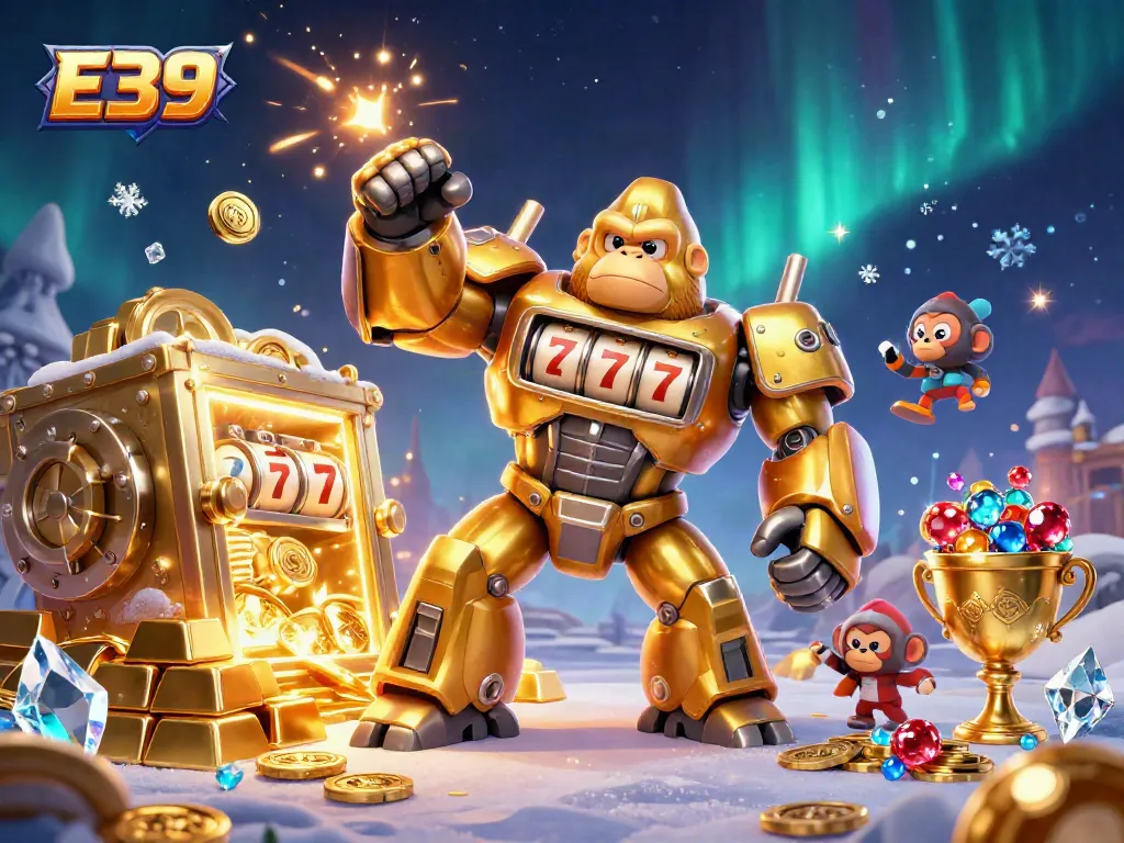 Experience the excitement of E39 with a golden gorilla mech from a jackpot game amidst treasures and lights.