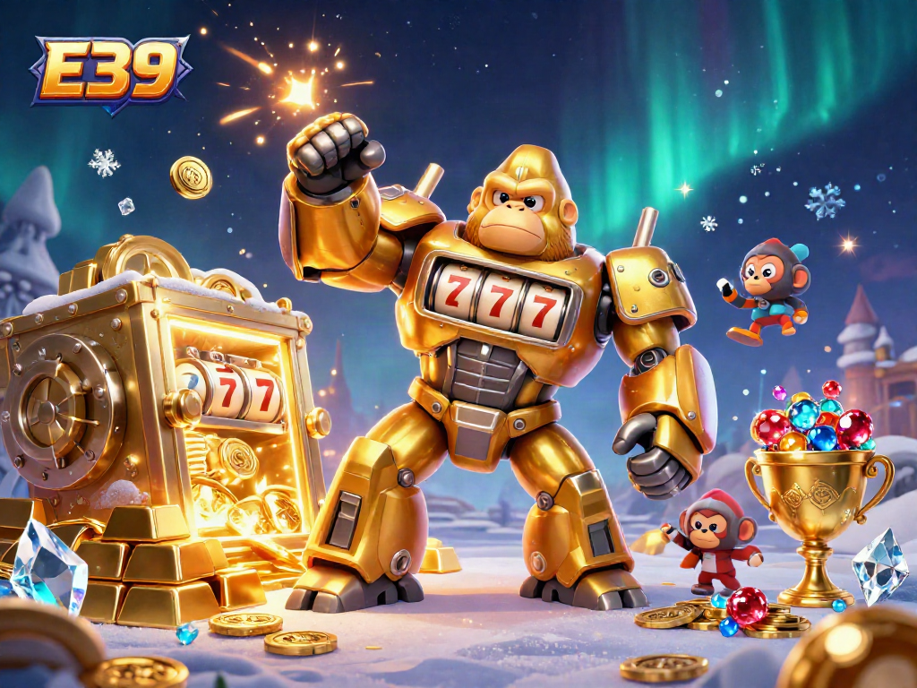 Experience the excitement of E39 with a golden gorilla mech from a jackpot game amidst treasures and lights.