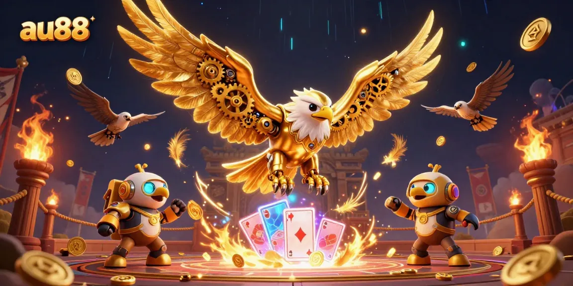 Experience thrilling gaming at au88 with a dynamic 3D scene showcasing a cybernetic eagle surrounded by casino elements.