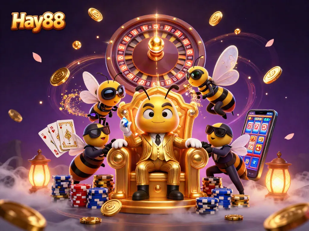 Experience Hay88's exciting casino action with a cartoon bee boss in a lavish throne