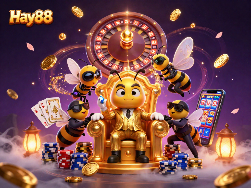 Experience Hay88's exciting casino action with a cartoon bee boss in a lavish throne
