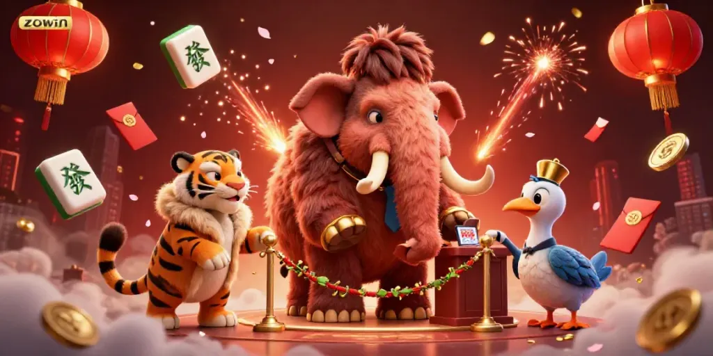 Zowin Casino: A luxurious scene featuring a woolly mammoth bouncer, saber-tooth tiger, and dodo doorman amongst vibrant casino elements.