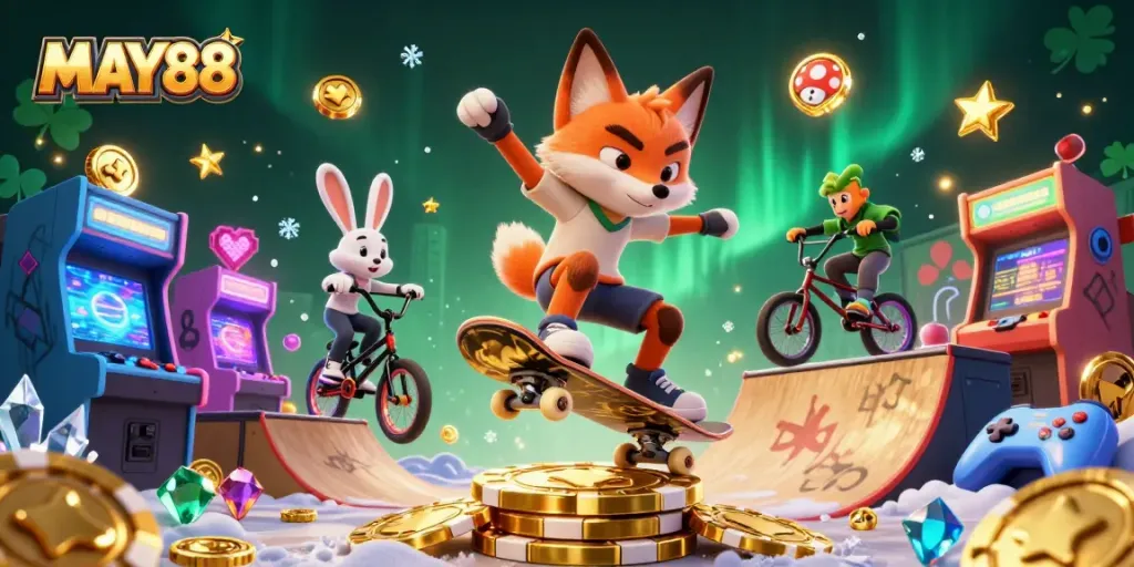 MAY88 showcases a vibrant casino scene with a cartoon fox and rabbit engaging in playful gambling activities amidst joyful arcade elements.
