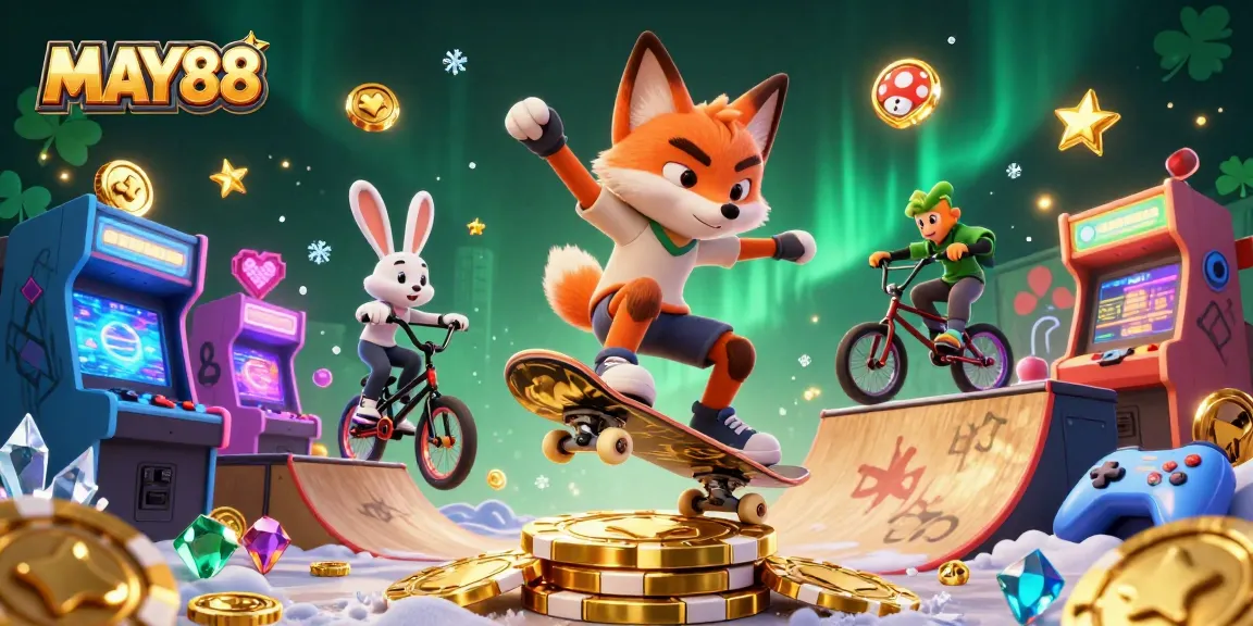 MAY88 showcases a vibrant casino scene with a cartoon fox and rabbit engaging in playful gambling activities amidst joyful arcade elements.