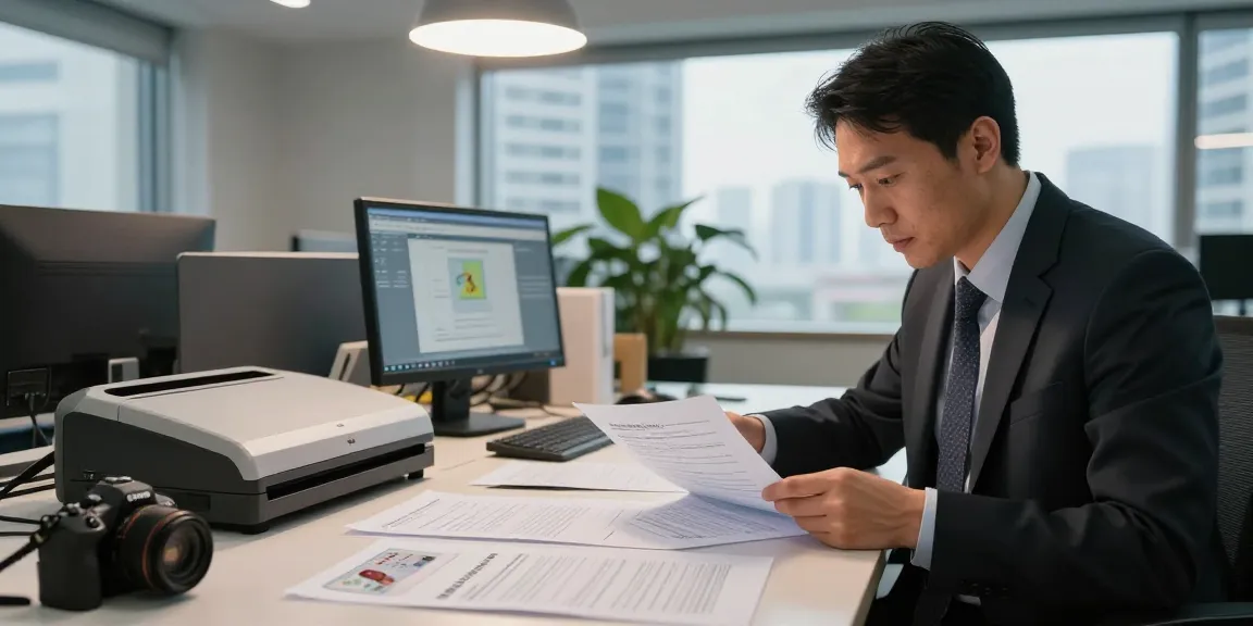 Compliance officer focused on document fraud detection in a modern office.