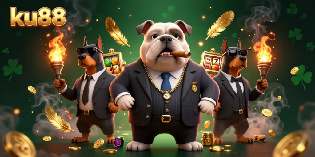 Spin and win on ku88 with a cartoon mafia boss, showcasing luxurious casino elements.