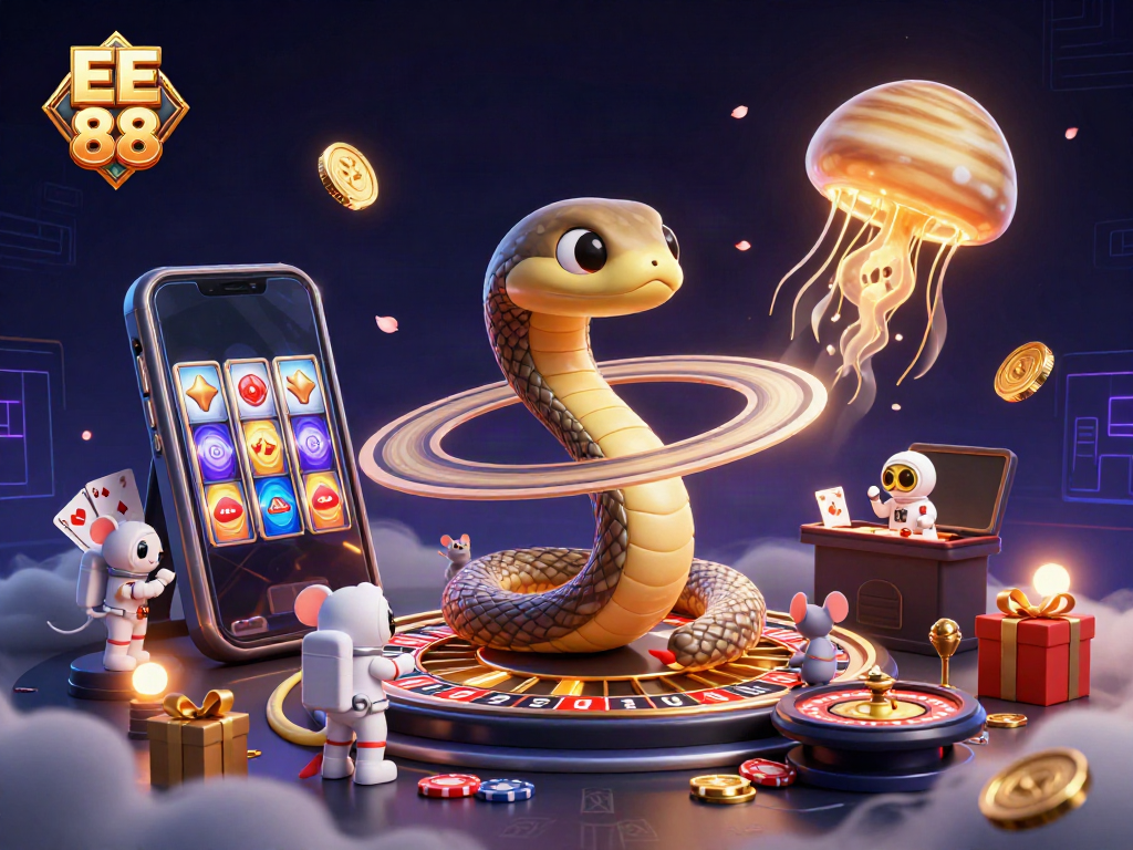 Engage in EE 88's vibrant casino universe with a whimsical space-themed gambling scene.