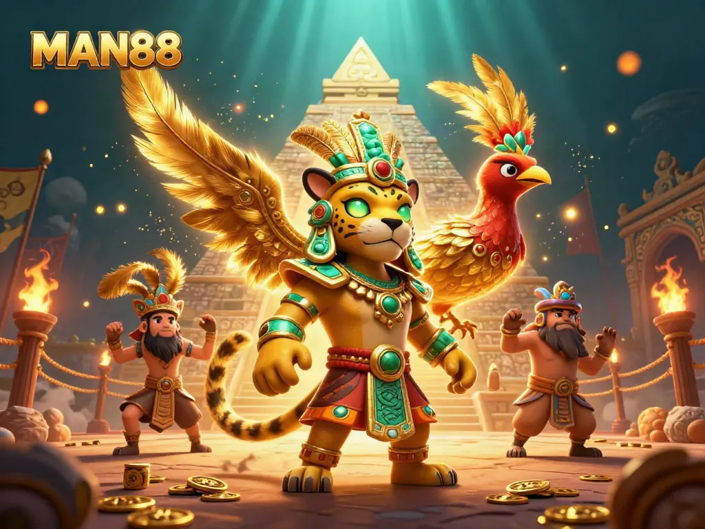 Experience thrilling gambling excitement with MAN88 in this vibrant 3D illustration of a Mayan gaming scene.