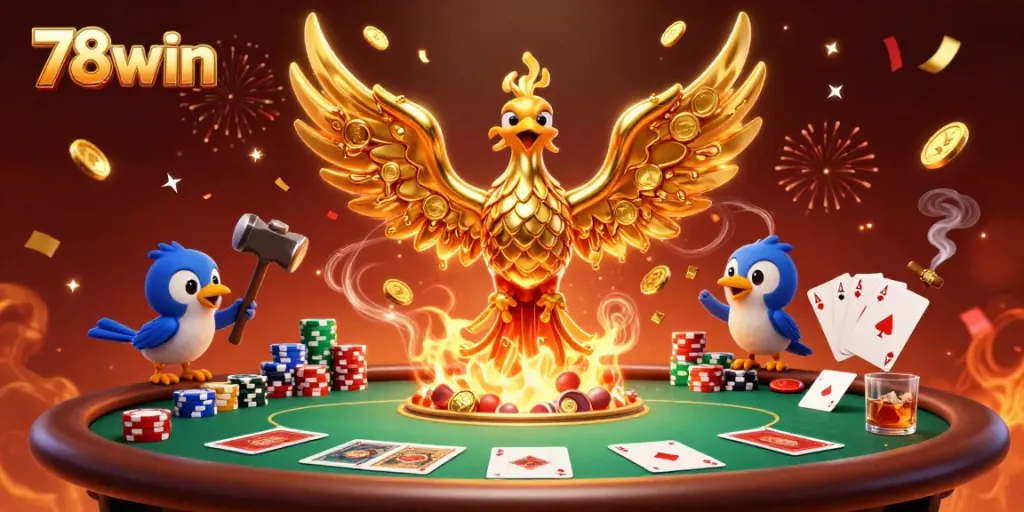 Experience the rich casino ambiance of 78win with a dynamic 3D phoenix and poker elements.