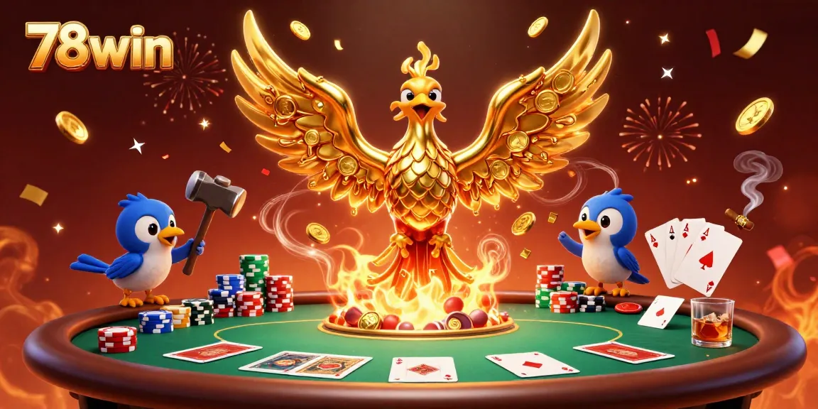 Experience the rich casino ambiance of 78win with a dynamic 3D phoenix and poker elements.